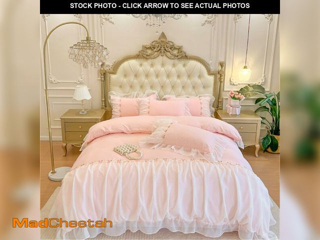 Lot 74-13627935 - MOOWOO Pink Bedding-Romantic Ruffle Lace Bedding Set 3 Piece Comforter Queen Duvet Cover with Zipper...