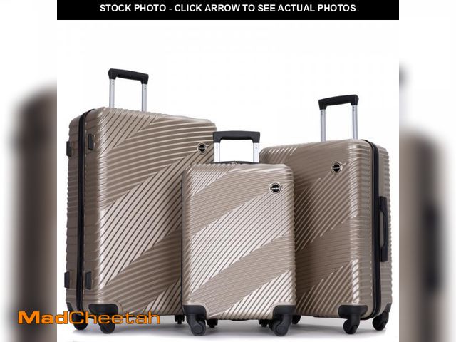 Lot 74-12474773 - LOVMOR 3 Piece Set 202428 PCABS Spinner Wheels Two Hooks Lightweight Suitcase Gold - UNUSED