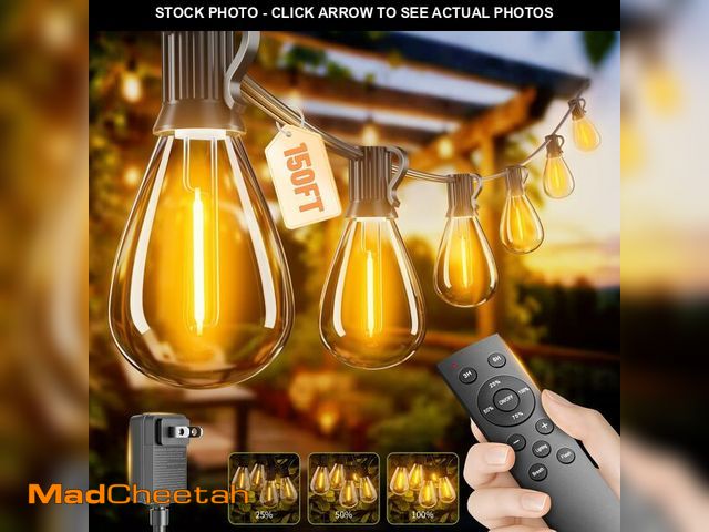 Lot 74-13965346 - Sikitul 150FT LED Outdoor String Lights with Remote, One Continuous Strand Patio Lights with 55+2 Sh...
