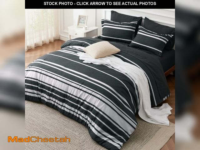Lot 74-13566791 - Bedsure Queen Comforter Set 7 Pieces, Black Striped Bedding Set for All Seasons, Reversible, Cationi...