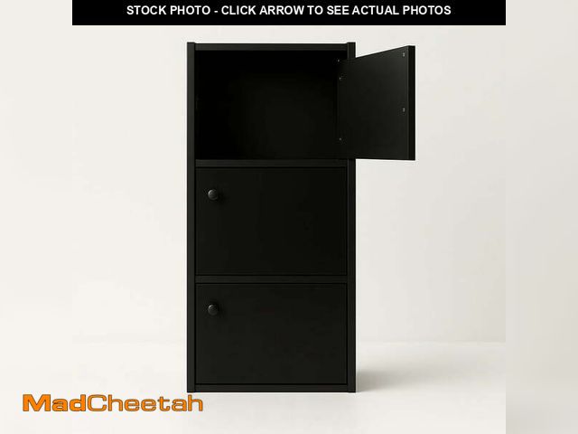Lot 74-14370121 - 3-Tier Black Bookcase with Doors â Matte Finish Vertical Storage Shelf by PJ Furniture - USED