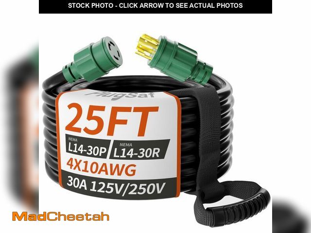 Lot 74-13547257 - PlugSaf 25FT 30 Amp Generator Extension Cord 4 Prong, NEMA L14-30P/L14-30R 10 Gauge STW 125/250V Twi...