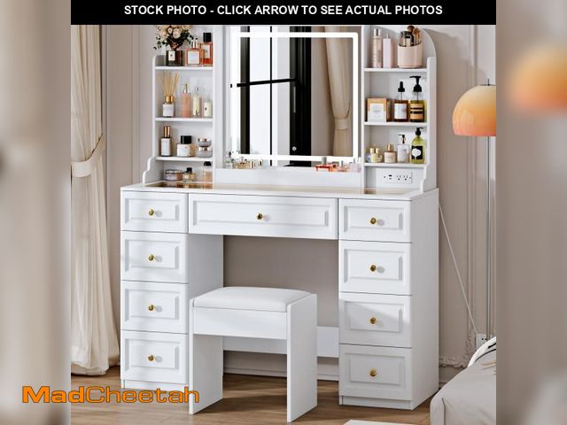 Lot 74-12254489 - Arulvmrn 42" Makeup Vanity Desk with Mirror and Lights, &amp; Power Outl, Glass Top Big Vanity Table...