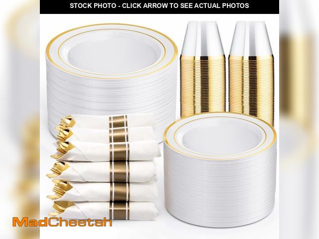 Lot 74-13966978 - WELLIFE 350-Piece Gold Disposable Plates and Cutlery Set - Premium 10.25" Dinner Plates, 7.5" Desser...