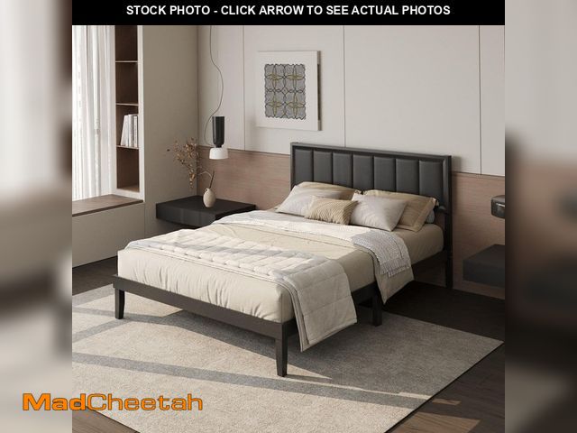 Lot 74-14292595 - FUFU&amp;GAGA Black Rubberwood Frame Queen Panel Bed with Upholstered Headboard and Sturdy Pine Slat...
