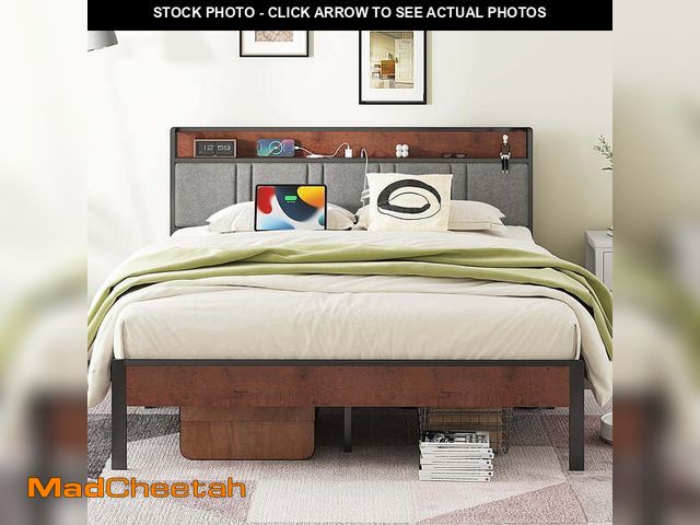 Lot 74-12801091 - NISIEN Queen Bed Frame, Platform Bed Queen Size with Charging Station and Storage Upholstered Headbo...