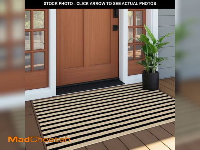 Lot 74-14051286 - OJIA Outdoor Porch Rug Front Door Mat 24"x51", Washable Black and Tan Striped Outdoor Rugs Front Doo...