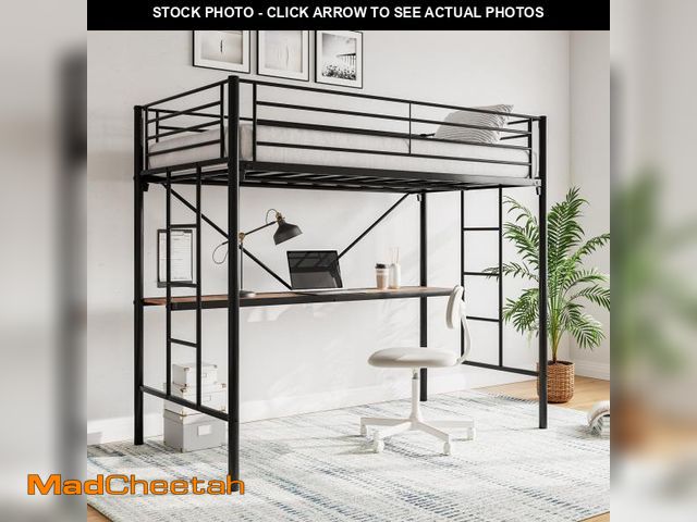 Lot 74-12493993 - JURMERRY Metal Loft Bed with Desk &amp; 2 Built-in Ladders,Safety Guard Rail, Space-Saving Design, N...