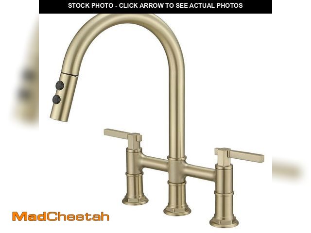 Lot 74-14111947 - BWE 2-Handle Bridge Kitchen Faucet with 360ÃâÃÂ° Swivel Spout and Pull-Down Spray in Brushed Gol...