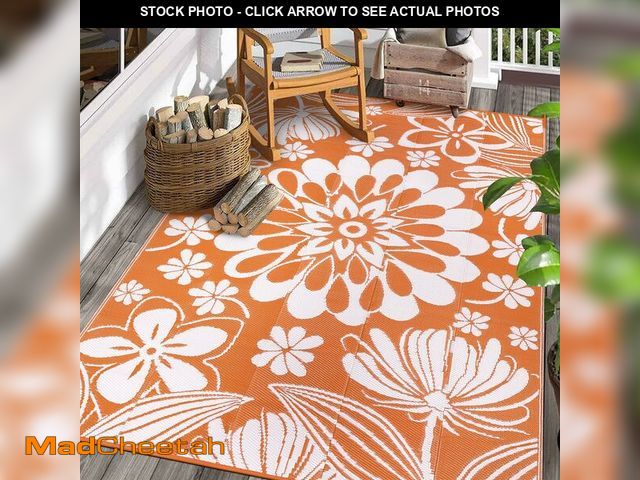 Lot 74-14298217 - Ileading Outdoor Patio Rug, Orange Floral Reversible Outdoor Rug, Waterproof Plastic Straw Mat, Port...