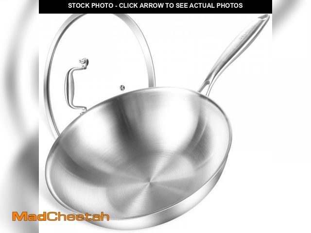 Lot 74-12305478 - DELARLO Woks &amp; Stir-Fry Pans, 13 in Stainless Steel Pan with Lid, Large Cooking Surface, Tri-Ply...