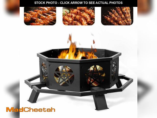 Lot 74-12668783 - Ktaxon 43 Inch Octagonal Fire Pit with Foot Pedals &amp; Star Cutouts, Wood Burning, Portable, Black...