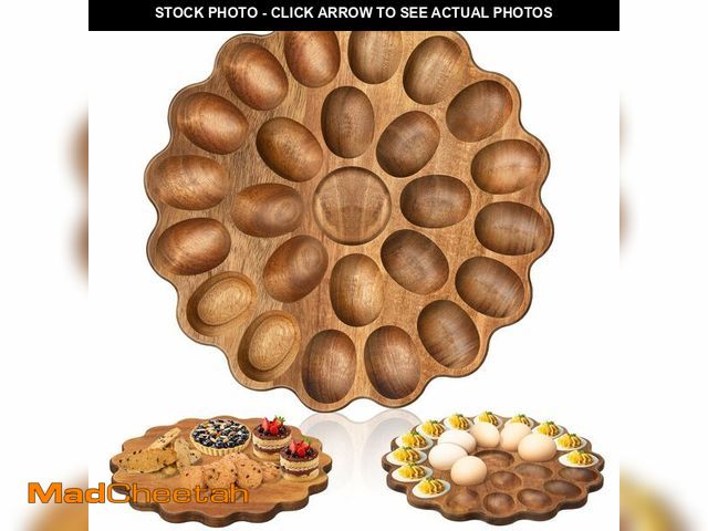 Lot 74-13625355 - Gosodeny Acacia Wood Deviled Egg Platter 11 Inch 25 Holes Round Deviled Egg Serving Tray Reversible ...