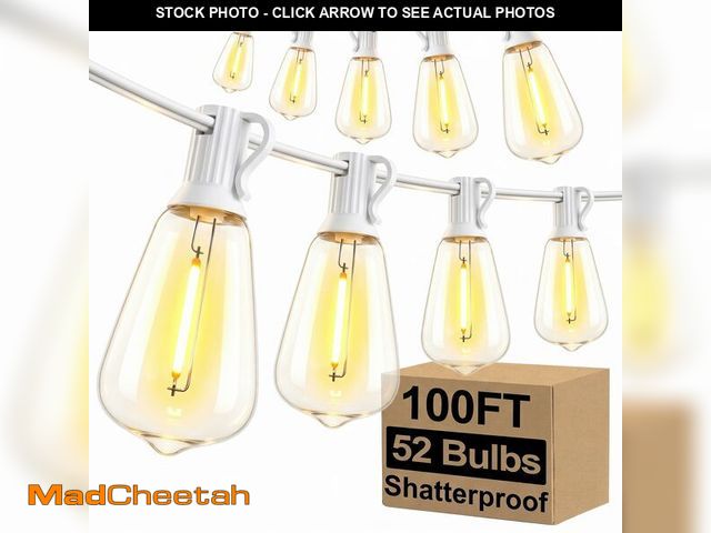 Lot 74-14206991 - Brightever LED Outdoor String Lights,100FT Patio Lights with 52 Shatterproof ST38 Vintage Edison Bul...