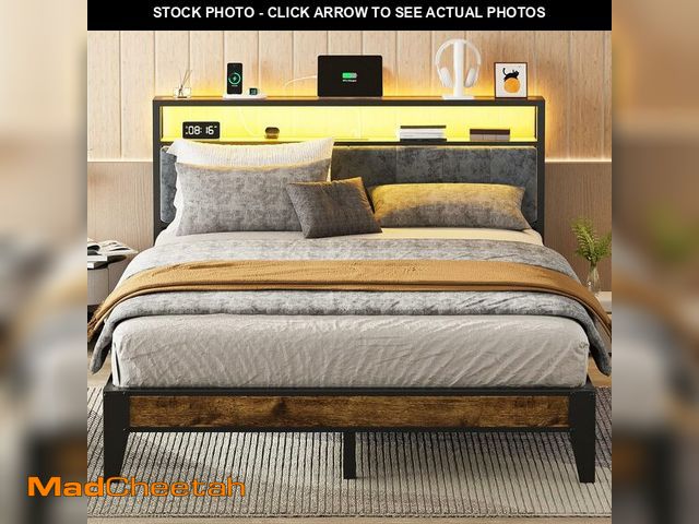 Lot 74-13071084 - (MISSING HARDWARE) OLEVS Queen Bed Frame Metal Platform Bed Queen Size with 2-Tier Storage &amp; LED...