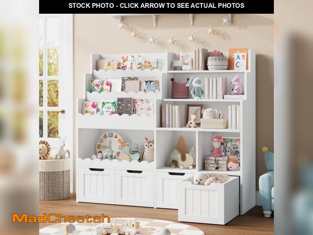 Lot 74-12378745 - Hiphuta 47"Wide Large Kids Bookcase, Wood Bookshelf Toy Storage Organizer with Book Rack &amp; Movab...