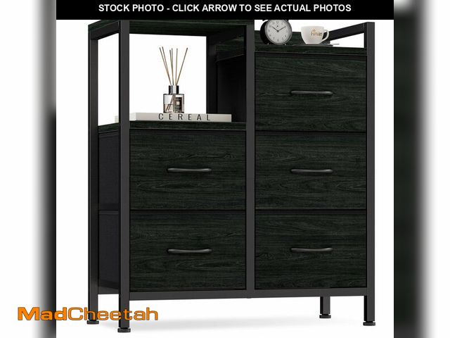 Lot 74-13583149 - Furnulem 5 Drawer Black Dressers for Bedroom 2 Tier Shelf Storage Small Fabric Dresser for Closet St...