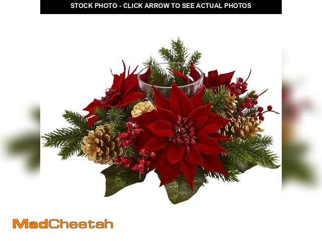Lot 74-13042304 - Nearly Natural Poinsettia, Berry and Golden Pine Cone Candelabrum Artificial Silk Arrangements Red 6...