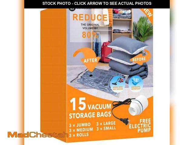 Lot 74-12431595 - 15 Pack Vacuum Storage Bags with Electric Pump (3 Jumbo, 3 Large, 3 Medium, 3 Small, 3 Roll Up), Pla...