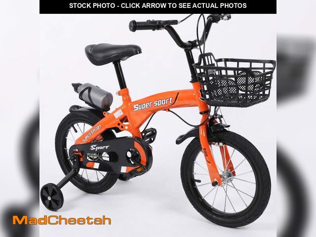 Lot 74-14353493 - 16" Kids Bike with Training Wheels, Height Adjustable Kid's Bicycle with Basket/Water Bottle/Bell, G...