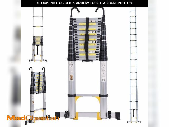 Lot 74-12689511 - 26.2FT Telescoping Ladder with Stabilizer Bar Wheels and Hooks, Multi-Purpose Extension Aluminum Fol...