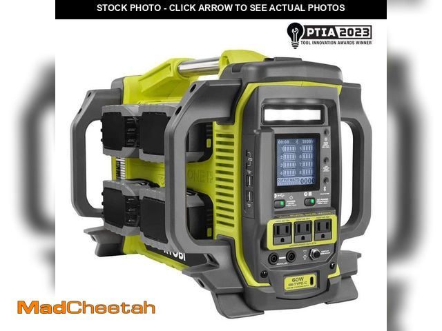 Lot 74-12586307 - RYOBI 18V ONE+ 1800-Watt Portable Battery Inverter Power Station/8-Port Charger with (4) 6.0Ah Batte...