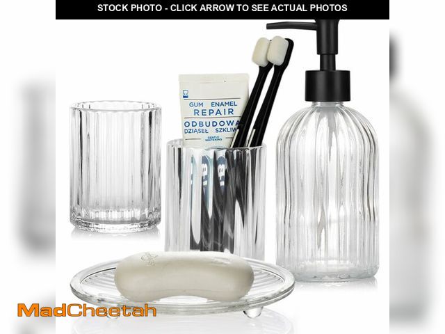 Lot 74-14214420 - Topsky Glass Bathroom Accessories Set of 4,Clear Vertical Stripe Design with 400ml Liquid Hand Soap ...