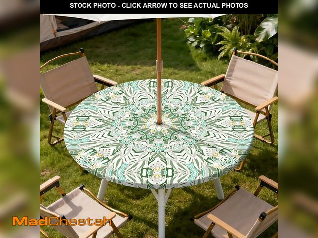 Lot 74-14480383 - Round Outdoor Tablecloth with Umbrella Hole, Zippered Fitted Waterproof Tablecover with Elastic Edge...