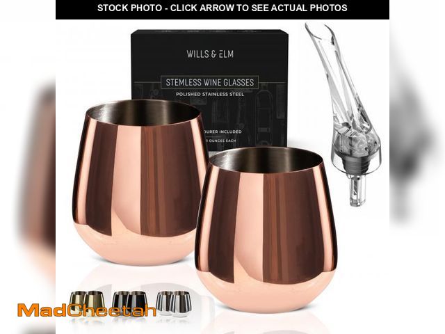 Lot 74-11558896 - Wills and Elm Rose Gold Wine Glasses - Stemless Stainless Steel Wine Glasses Set of 2 with Aerator -...