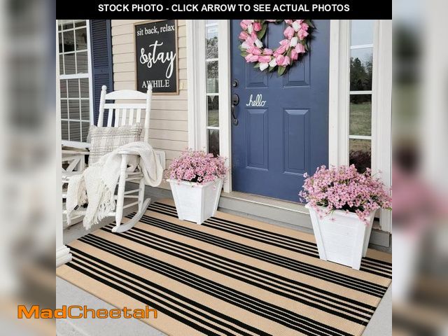 Lot 74-12332137 - Sungea Black and Khaki Striped Rugs 3x5, Outdoor Cotton Hand Woven Front Door Mat,Washable Reversibl...