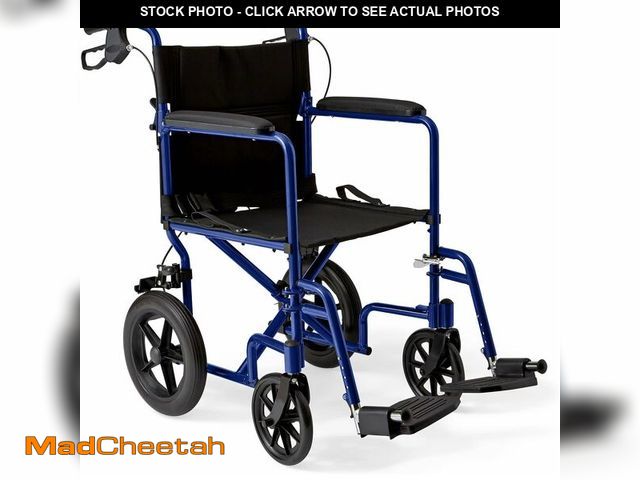 Lot 74-13217315 - Medline Lightweight Foldable Transport Wheelchair with Handbrakes and 12-Inch Wheels, Blue Frame, Bl...