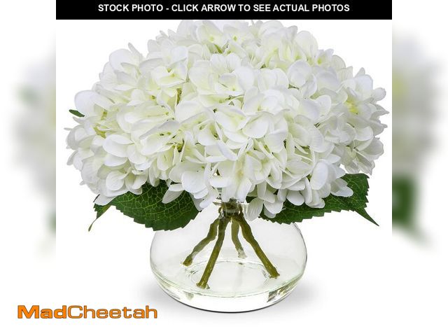 Lot 74-13991769 - Hollyone Hydrangea Artificial Flowers with Vase White Silk Fake Flowers Arrangements in Glass Vase w...