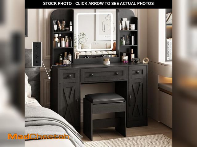 Lot 74-12164535 - Vabches Black Vanity Desk, Vanity Mirror with Lights, Makeup Desk with Stool, Makeup Table with Larg...