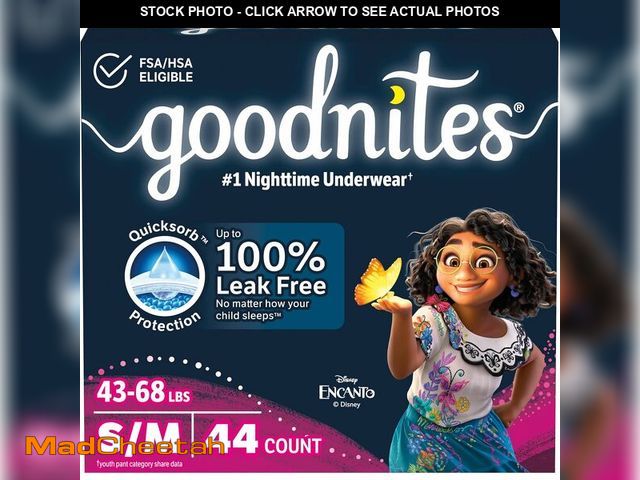 Lot 74-14304905 - Goodnites Girls' Nighttime Bedwetting Underwear, Size S/M (43-68 lbs), 44 Ct (2 Packs of 22), Packag...