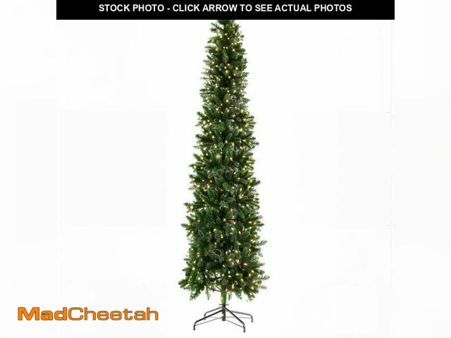Lot 74-13044123 - MCQ 9FT Flocked Pencil Christmas Tree - Festive Pre-Lit Artificial Decor with Durable Metal Base and...