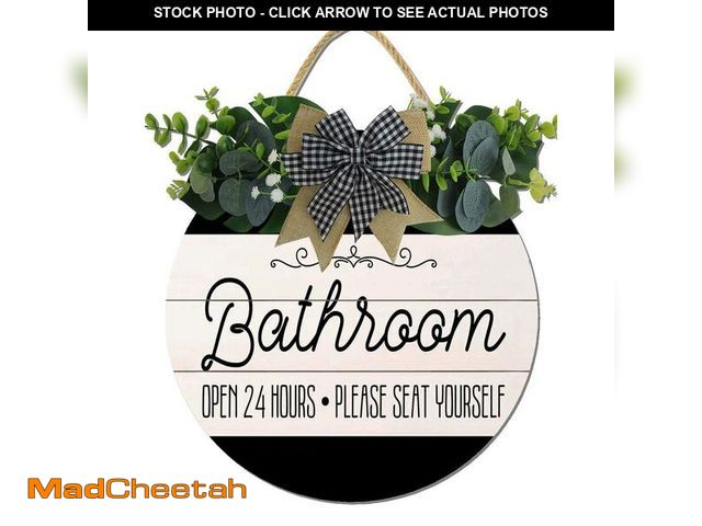 Lot 74-13540614 - Bathroom Decor,Bathroom Open 24 Hours Please Seat Yourself Sign,Rustic Round Wooden Wreath Sign,Mode...
