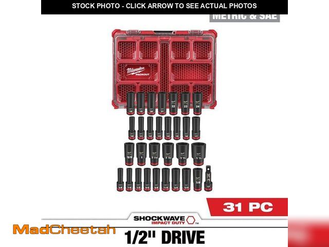 Lot 74-13112814 - Milwaukee SHOCKWAVE Impact-Duty 1/2 in. Drive Metric and SAE Deep Well Impact PACKOUT Socket Set (31...