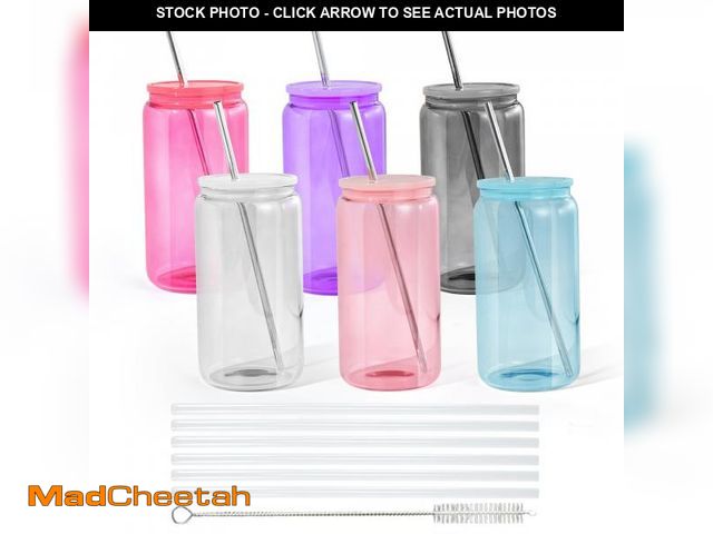 Lot 74-12110123 - 16oz Plastic Mason Jars, 6Pack Clear Mason Drinking Acrylic Cups with Lids and Stainless Steel Straw...