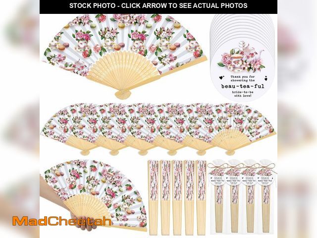 Lot 74-13623600 - CroBlissful 25 Sets Tea Party Bridal Shower Favors for Guests Teapot Bamboo Folded Hand Fan with Gif...