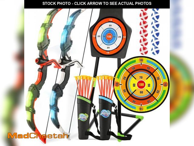 Lot 74-12431659 - 2 Pack Bow and Arrow Set with 29in Large Dart Board, LED Light Up Archery Set for Kids with 20 Sucti...