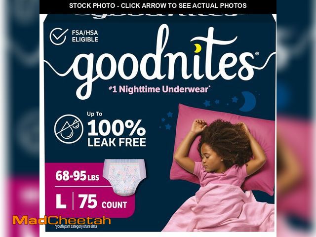 Lot 74-13950194 - Goodnites Girls' Nighttime Bedwetting Underwear, Size Large (68-95 lbs), 75 Ct (3 Packs of 25), Pack...