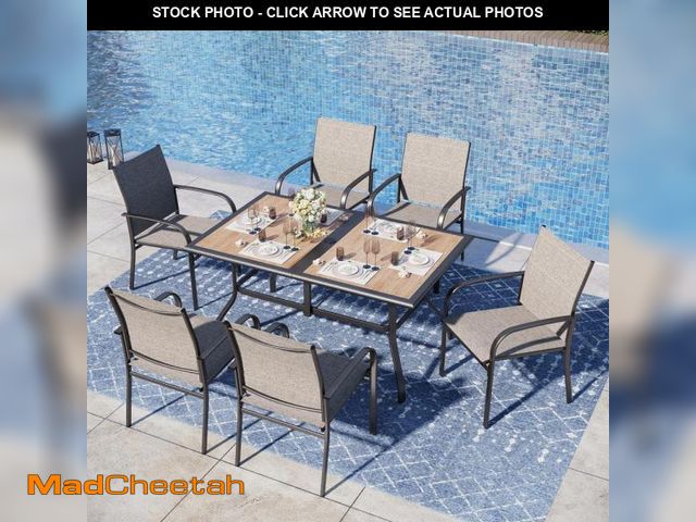 Lot 74-11954634 - PHI VILLA Black 7-Piece Metal Outdoor Patio Dining Set with Wood-Look Umbrella Table and Brown Texti...