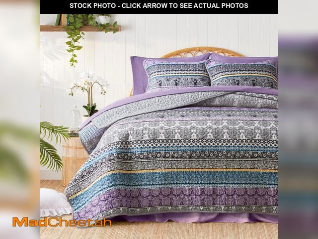 Lot 74-12322649 - 3 Pieces Colorful Bohemian Quilt Set Full Queen Size, Purple n Grey Boho Striped Printed Bedding Bed...