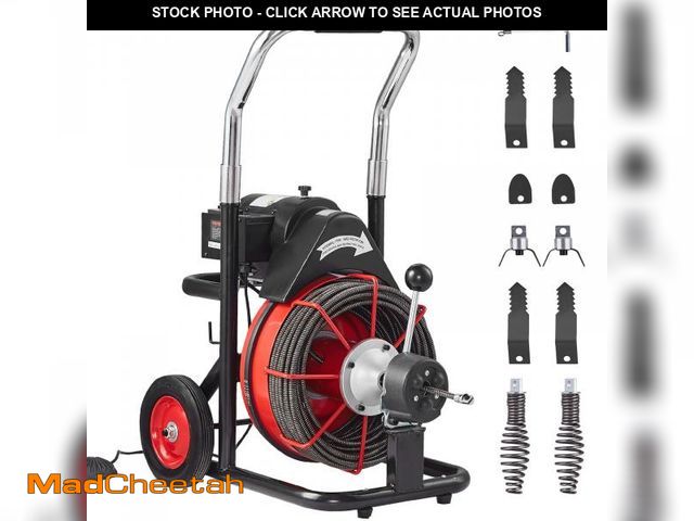 Lot 74-12161914 - VEVOR Drain Cleaner Machine 100FT x 3/8 Inch, Auto Feed Sewer Snake Auger on Wheels, 370W Portable D...