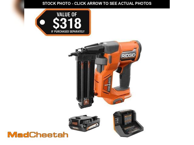 Lot 74-12989460 - RIDGID 18V Brushless Cordless 18-Gauge 2-1/8 in. Brad Nailer with CLEAN DRIVE Technology with 2.0 Ah...