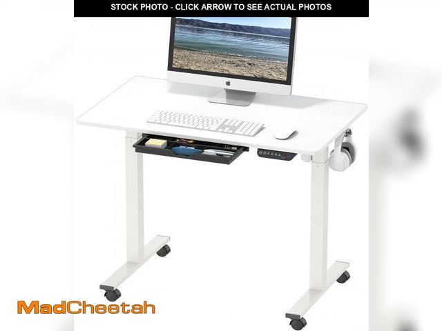 Lot 74-12540861 - (SMALL CHIP) SHW 40-Inch Electric Height Adjustable Mobile Sit Stand Desk with Drawer  Hanging Hooks...