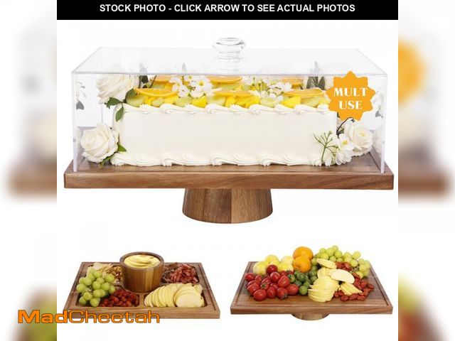 Lot 74-12302924 - Acacia Wood Cake Stand with Lid - 17" Rectangular 2-in-1 Serving Board &amp; Dessert Display, Shatte...