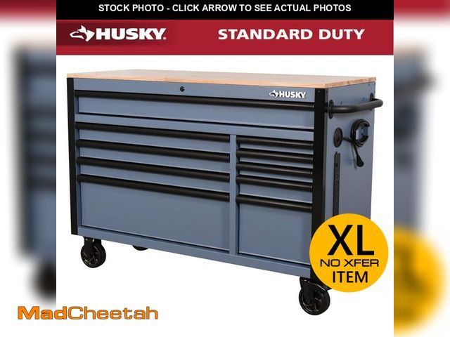 Lot 74-14255517 - *MISSING KEYS* Husky Standard-Duty 52 in. W 10-Drawer Matte Cadet Gray Mobile Workbench Cabinet with...