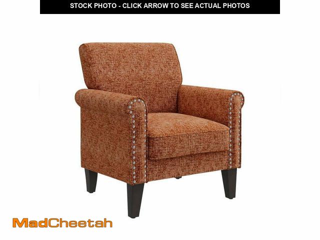 Lot 74-12681073 - Jean Orange Chenille Fabric Traditional Rolled Arm Accent Chair with Nailheads - UNUSED
