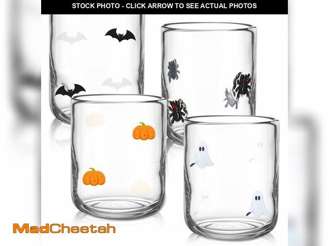 Lot 74-12607562 - Skylety 4 Pcs Halloween Icon Glass Cups Set - 14oz Pumpkin Spider Bat Ghost Stemless Wine Glasses Do...